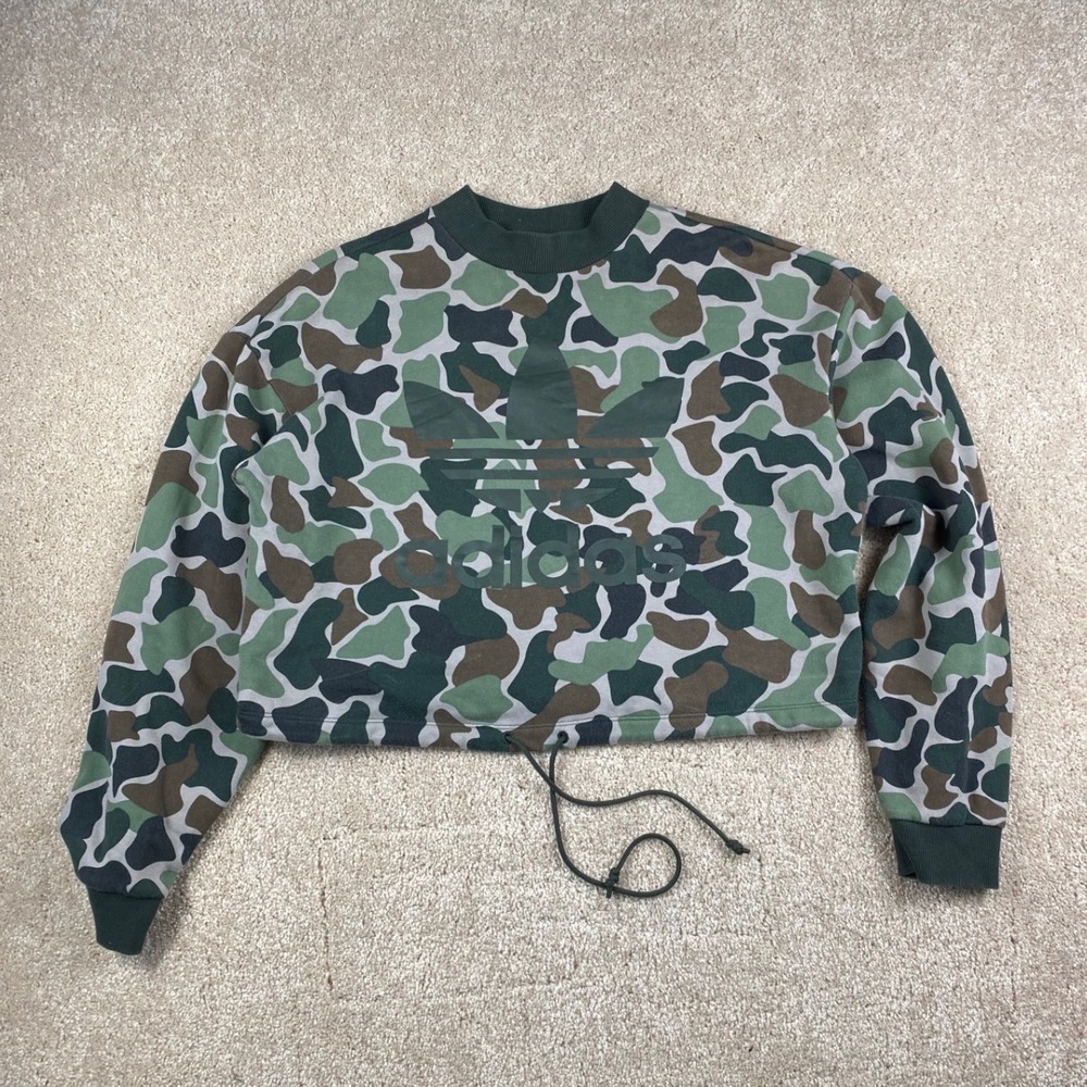 Adidas Originals Womens Camo Cropped Sweatshirt Trefoil Logo Green BR5182 Size M